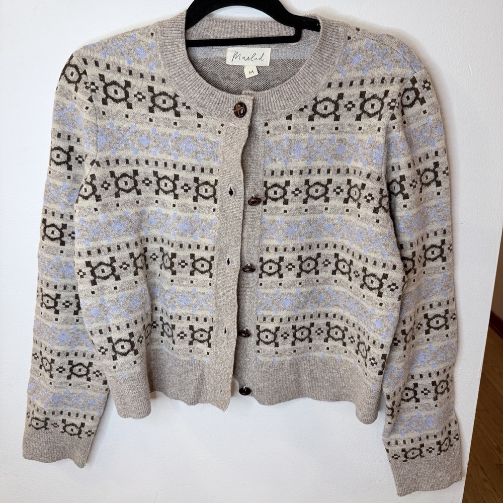 Marled Womens M Fair Isle Wool Blend Cardigan Cabin Brown Blue Cropped Nordic